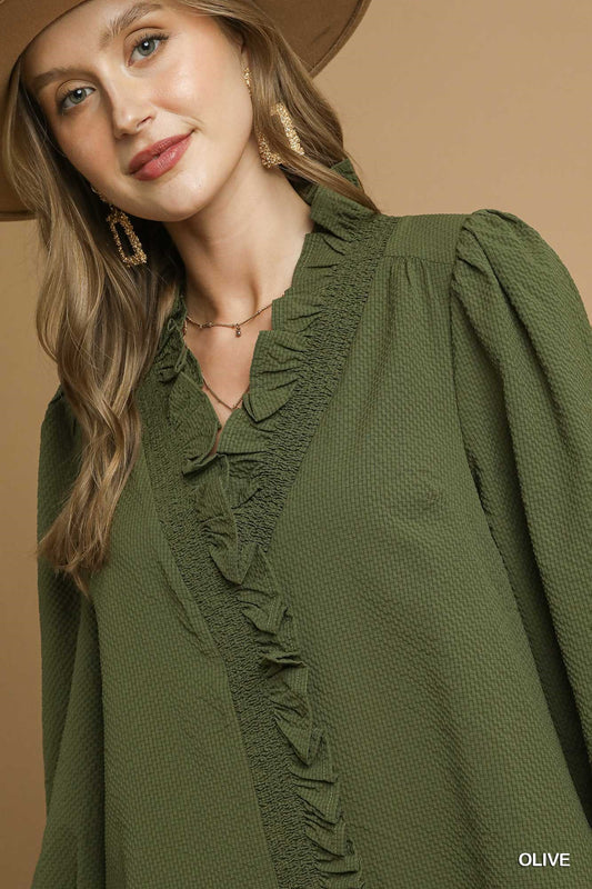 Textured Ruffle Trim Blouse with 3/4 Sleeves (Olive or Midnight)