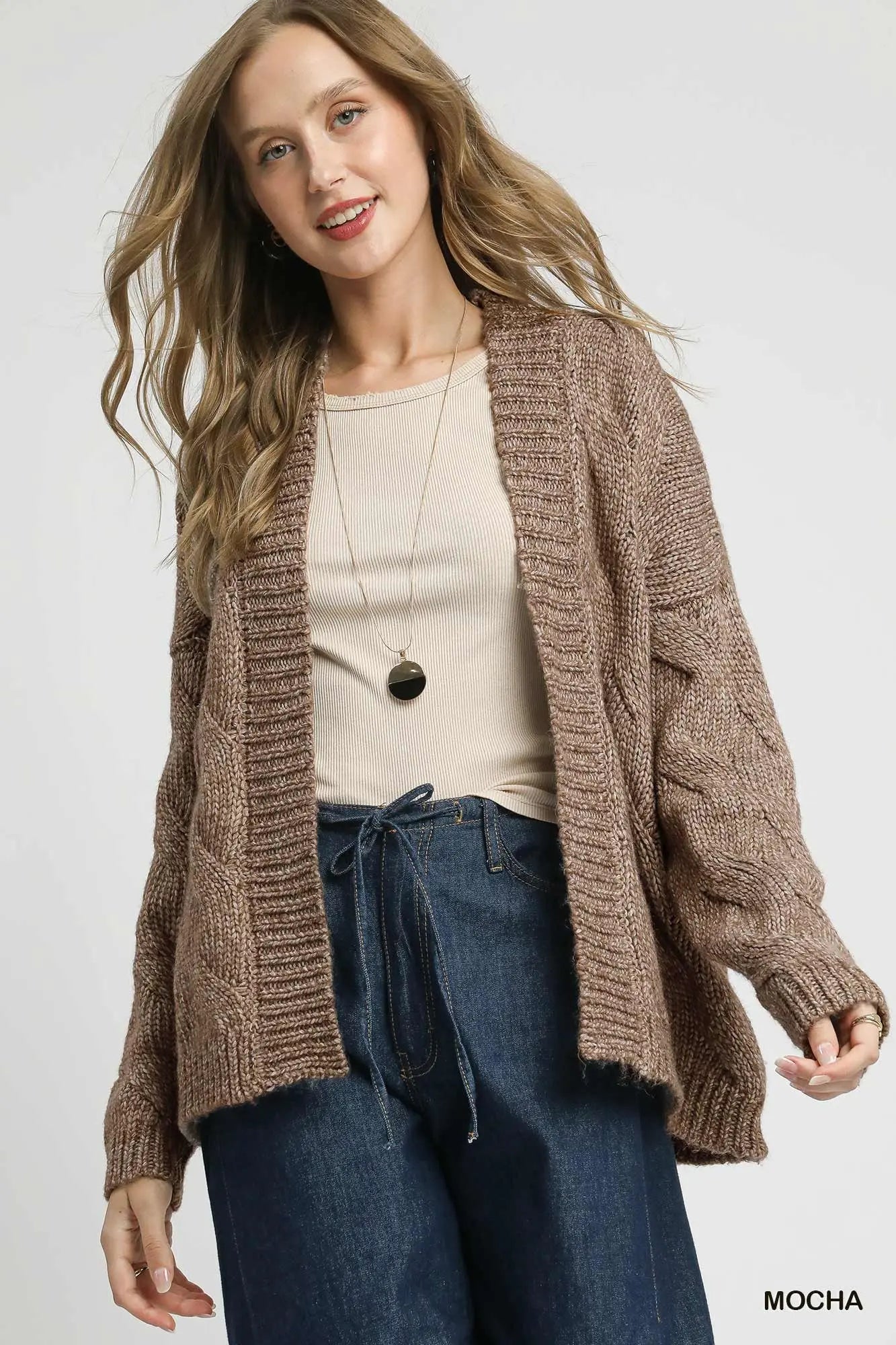 Mocha Chunky Cable Knit Open Front Cardigan