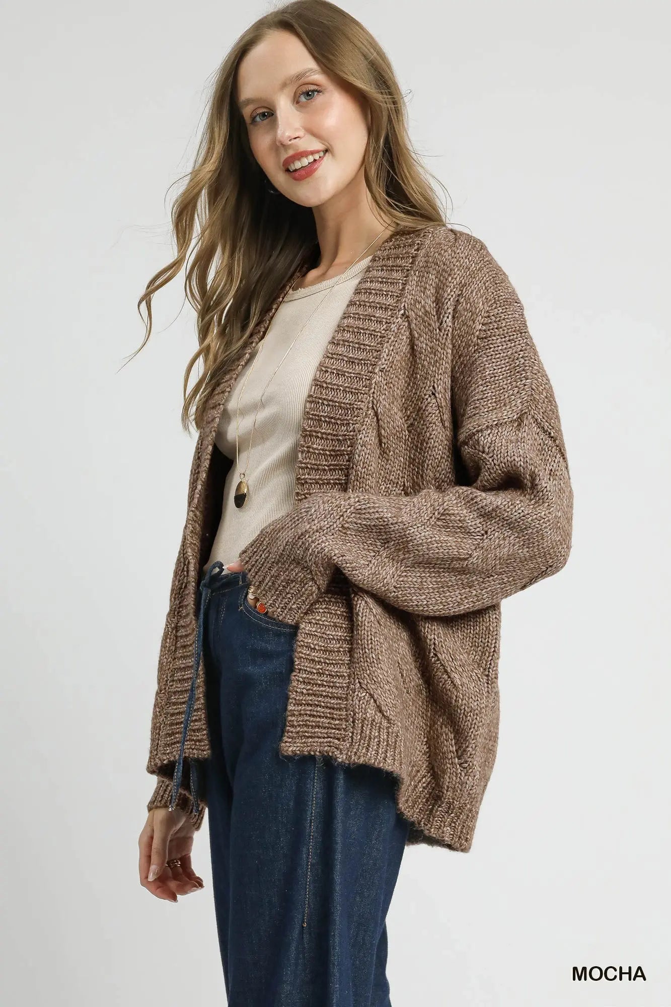 Mocha Chunky Cable Knit Open Front Cardigan