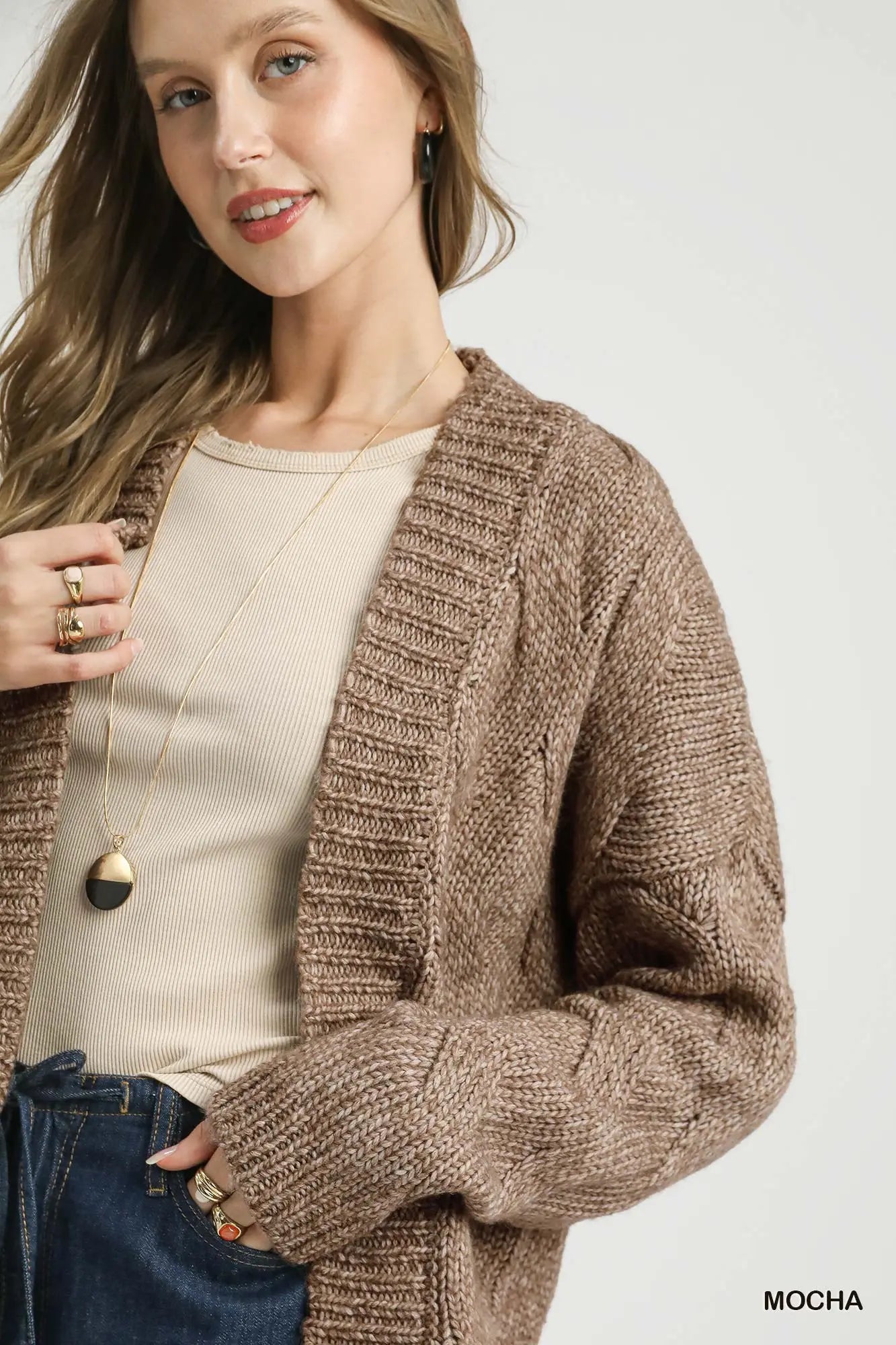 Mocha Chunky Cable Knit Open Front Cardigan