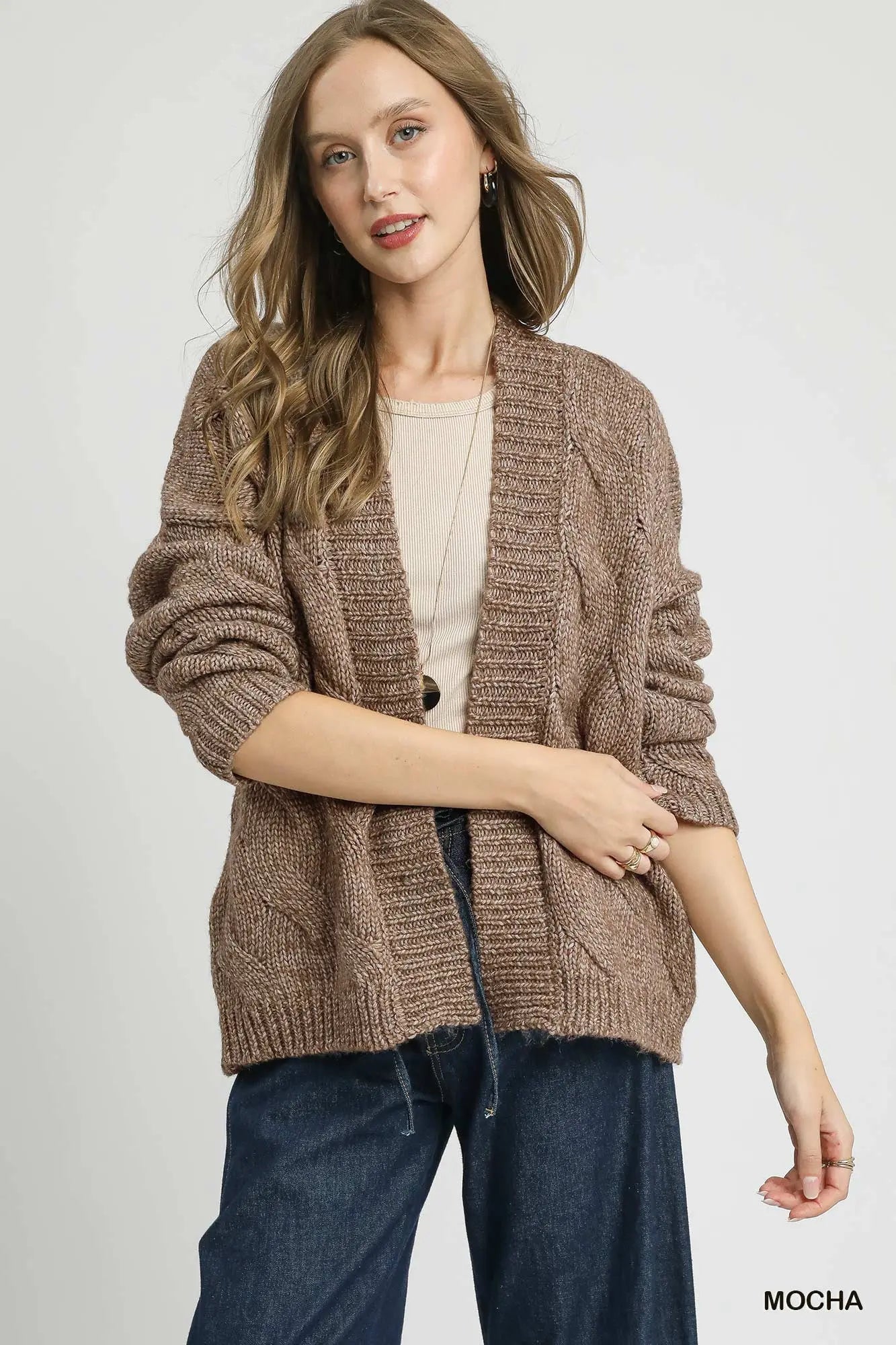Mocha Chunky Cable Knit Open Front Cardigan