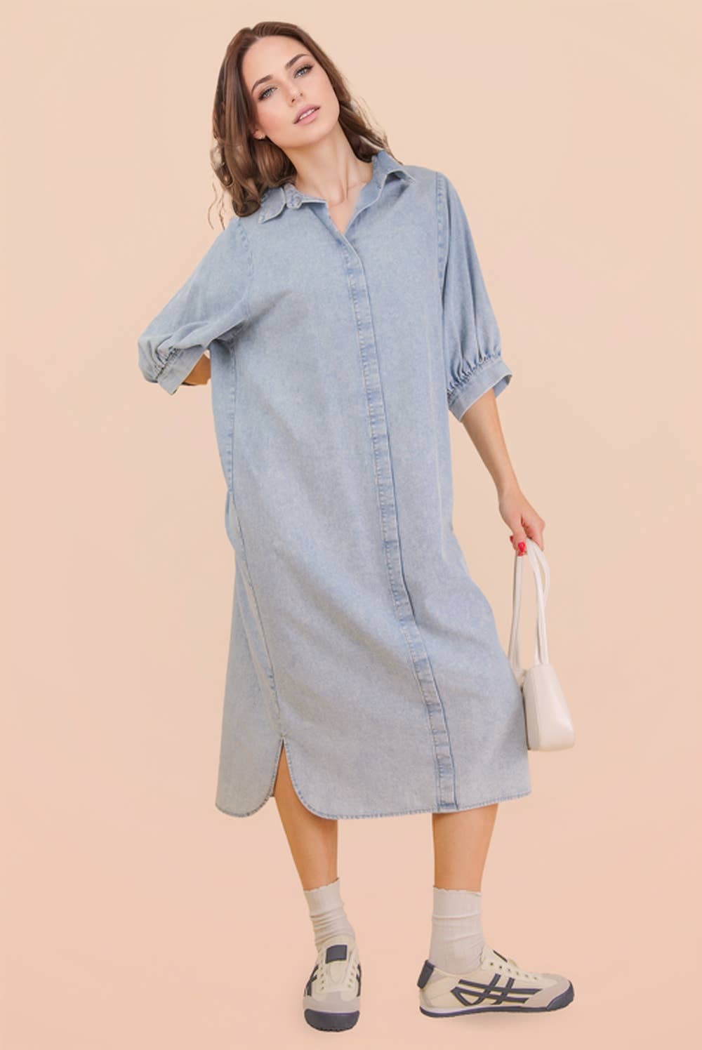 Washed Denim Casual Shirt Midi Dress