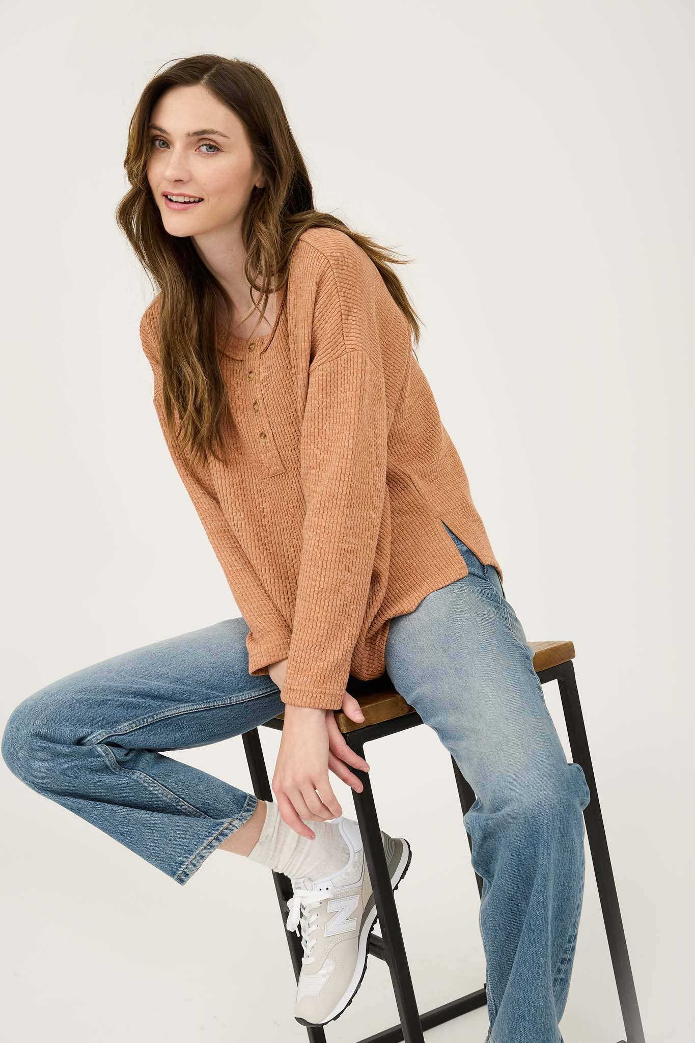 WAFFLE KNIT HENLEY LONG SLEEVE KNIT TOP (3 Colors)