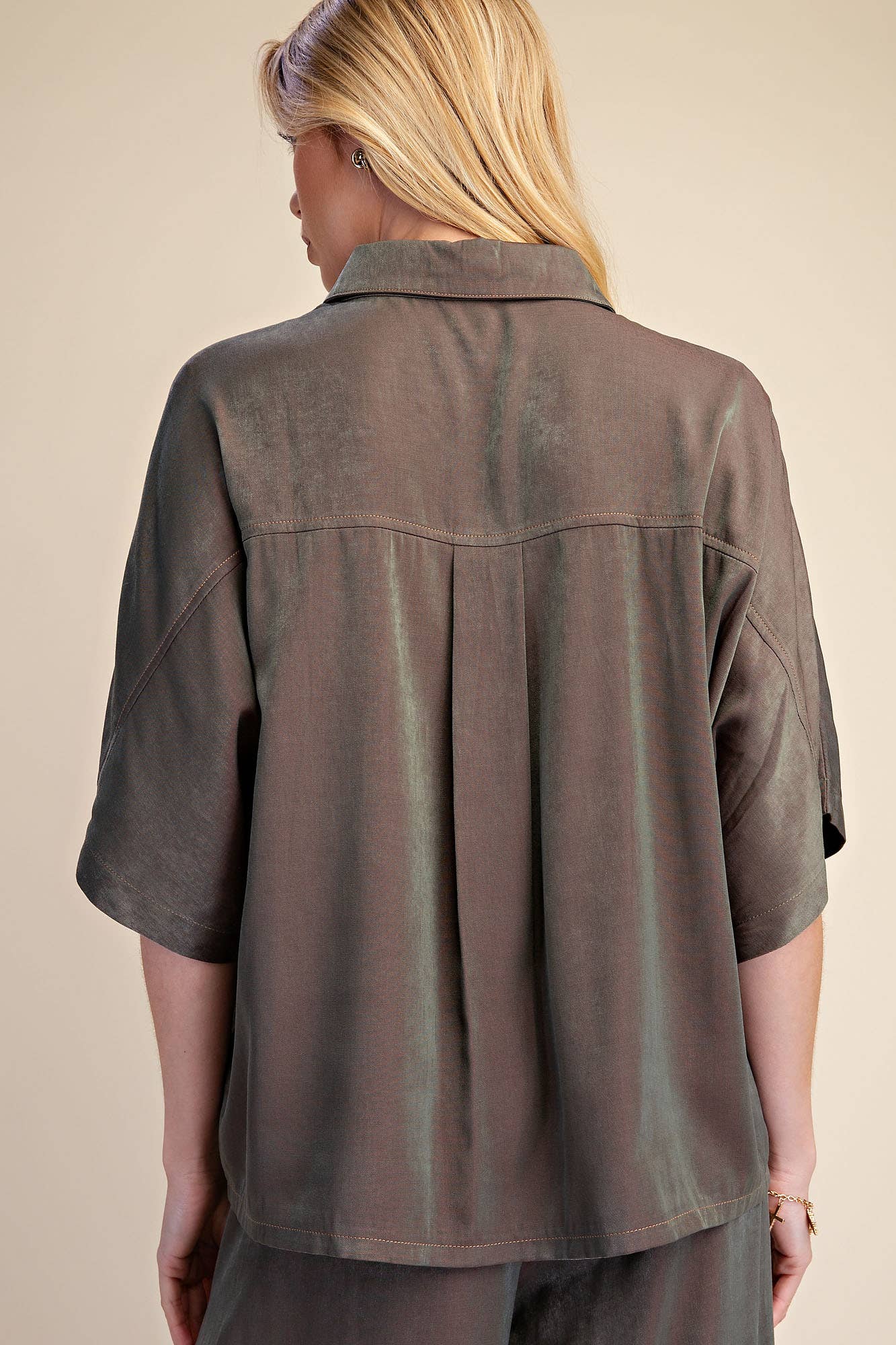 Button Down Flowy Shirt With Dolman Sleeve & Drawstring Wide Leg Pants Set
