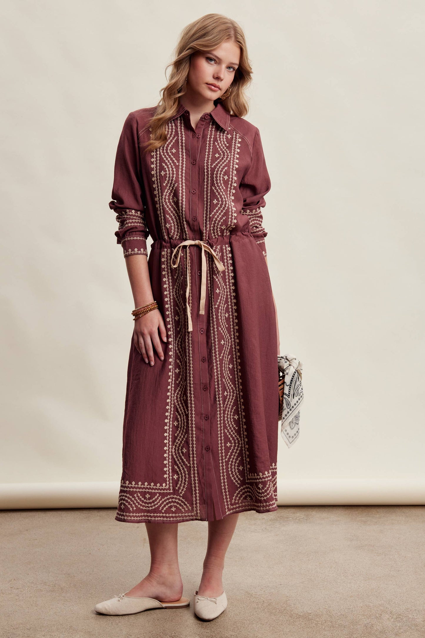 Embroidered Button Front Midi