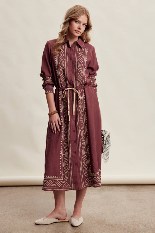 Embroidered Button Front Midi