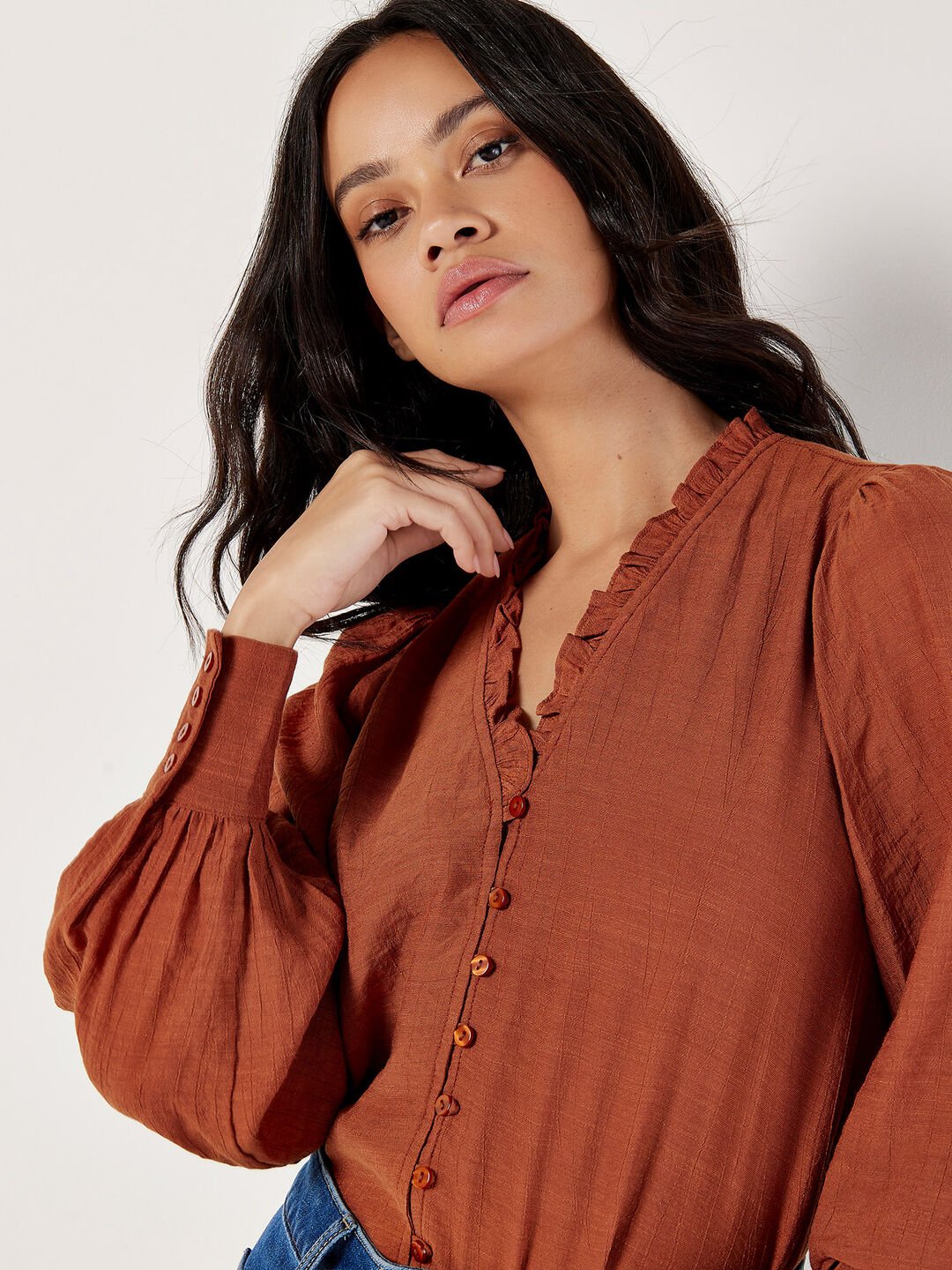 Ruth Ruffle Neck Button Blouse