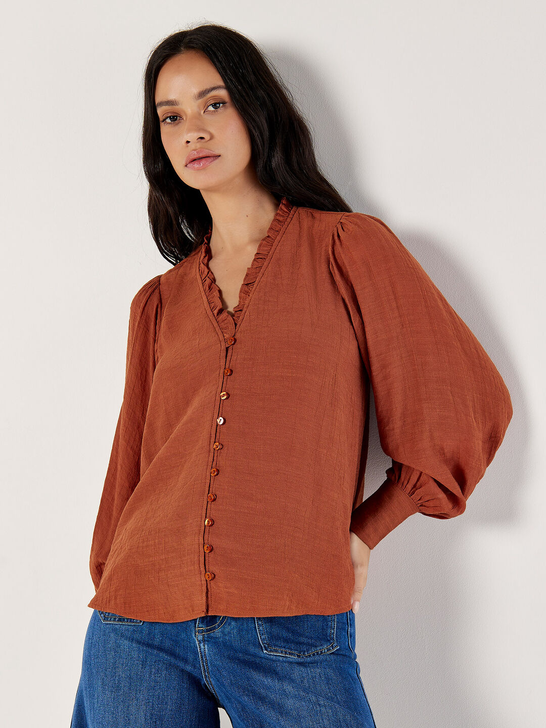 Ruth Ruffle Neck Button Blouse