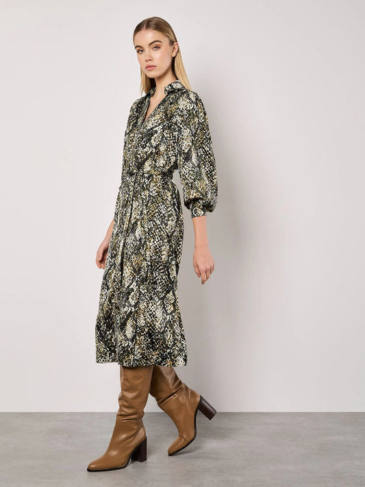 Snakeskin Print Satin Shirt Midi Dress