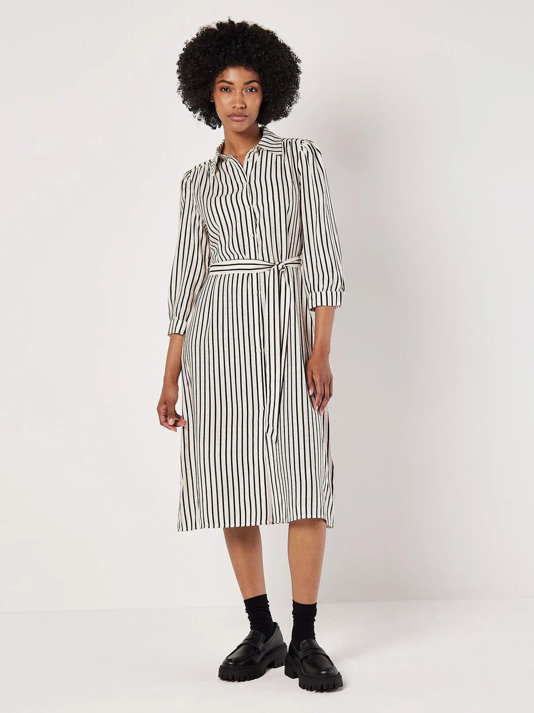 Vertical Stripe Gathered Sleeve Midi Dress