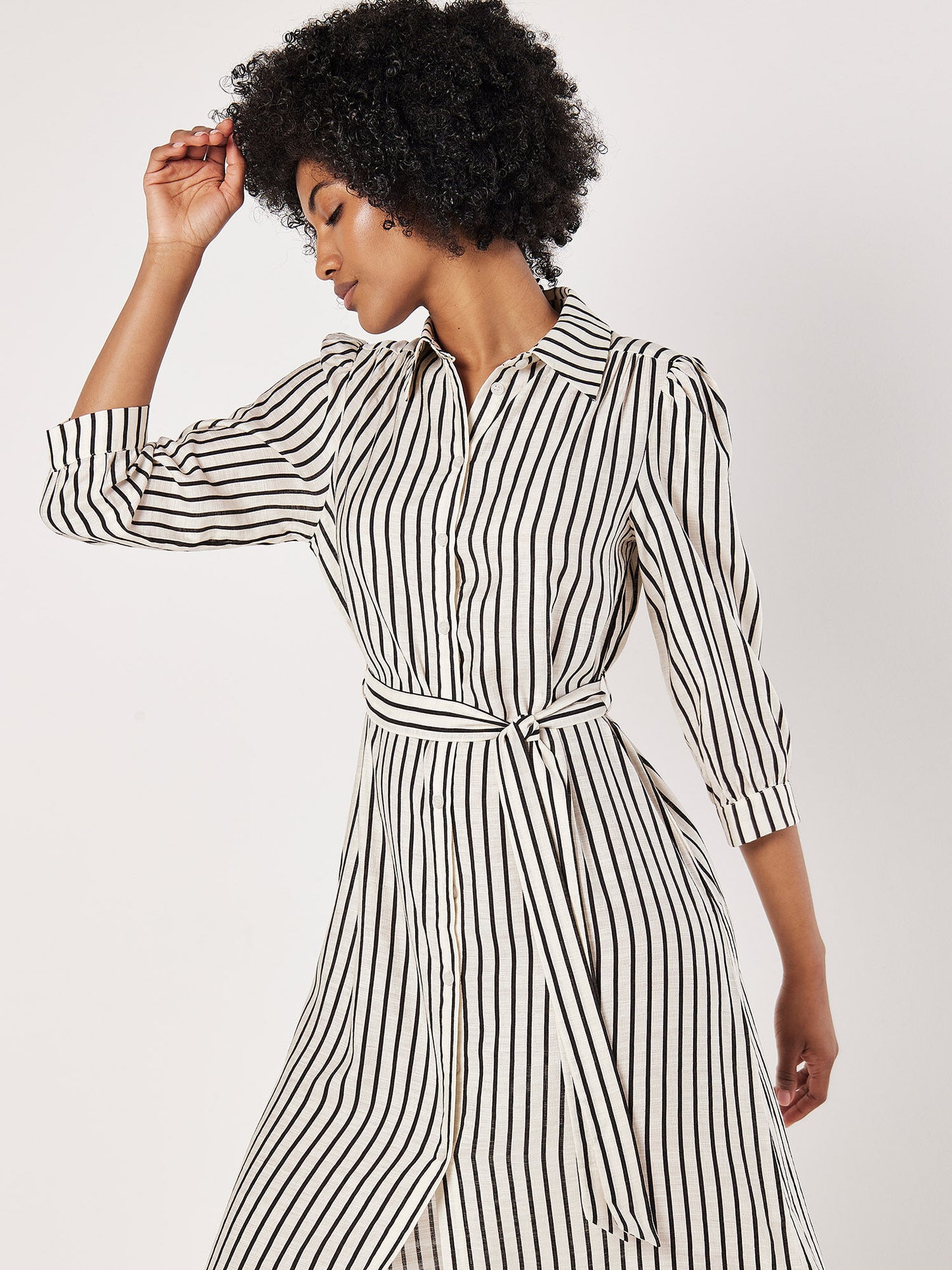 Vertical Stripe Gathered Sleeve Midi Dress