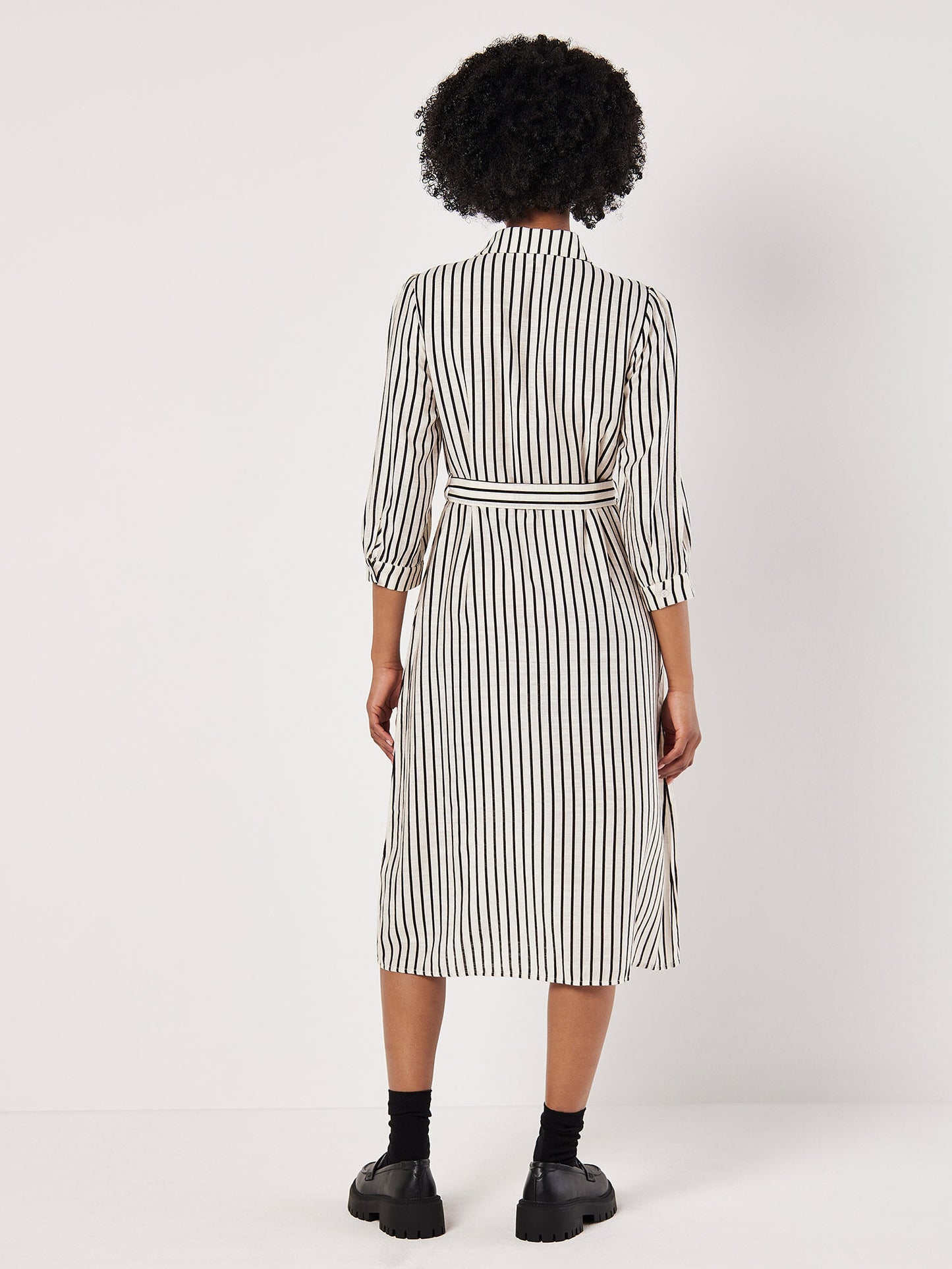 Vertical Stripe Gathered Sleeve Midi Dress