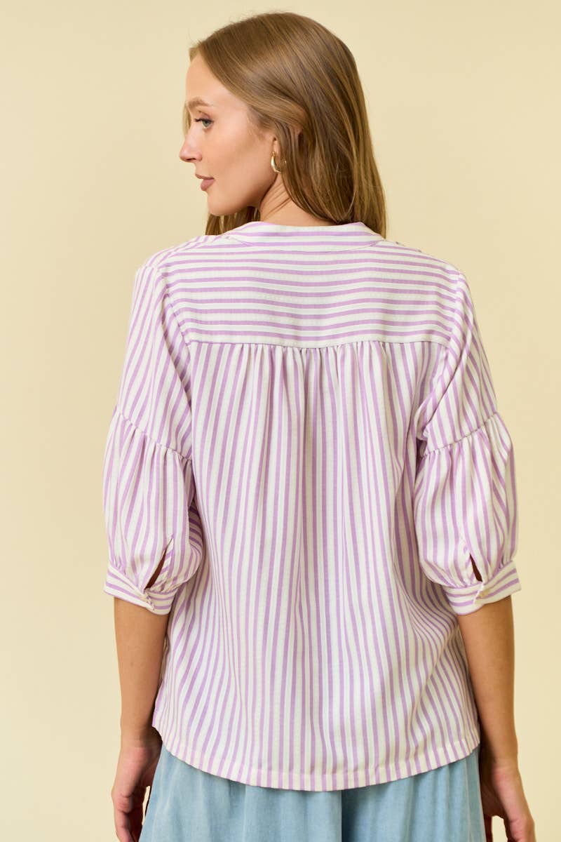 LAVENDER STRIPED PUFF SLEEVE PULLOVER TOP