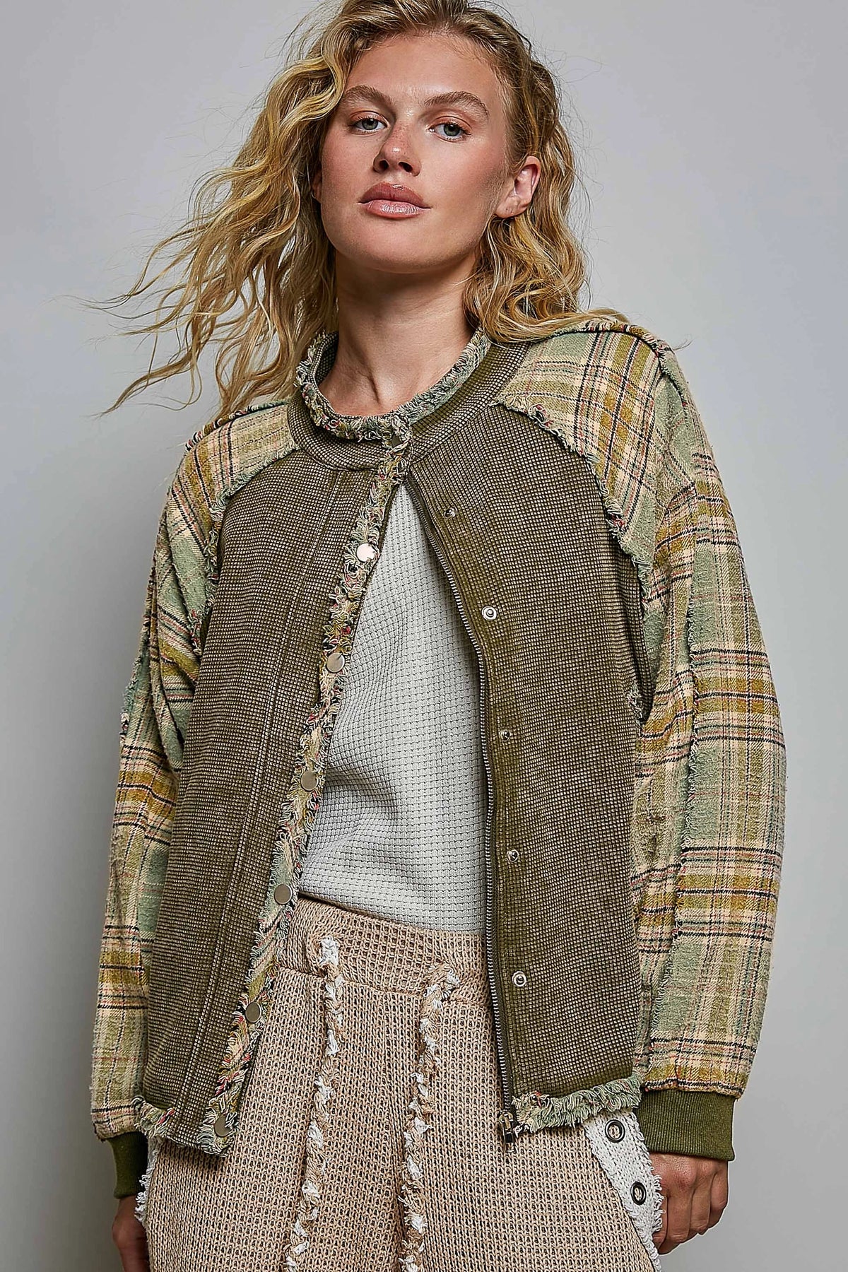 Plaid Patch Vintage Washing Rib Band Wrist Jacket