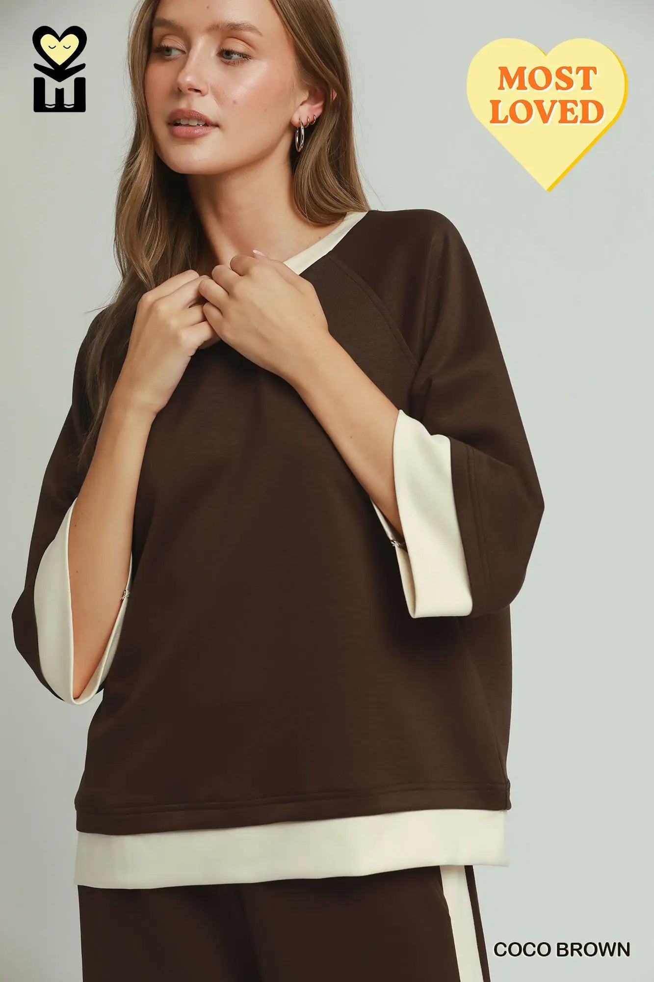 LUXEKNIT Colorblock Crewneck Raglan Sleeve Top (Coco Brown or Marsala)