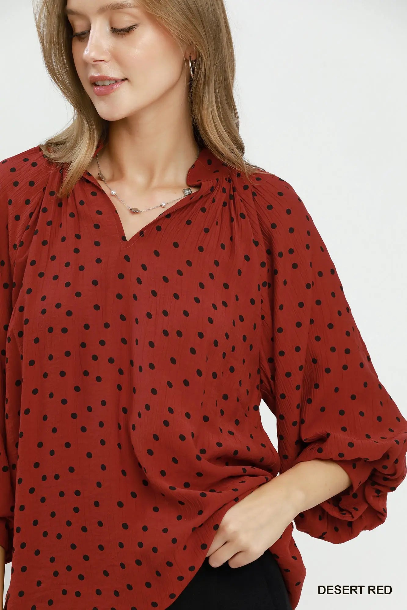 Polka Dot Textured Puff Sleeve Blouse