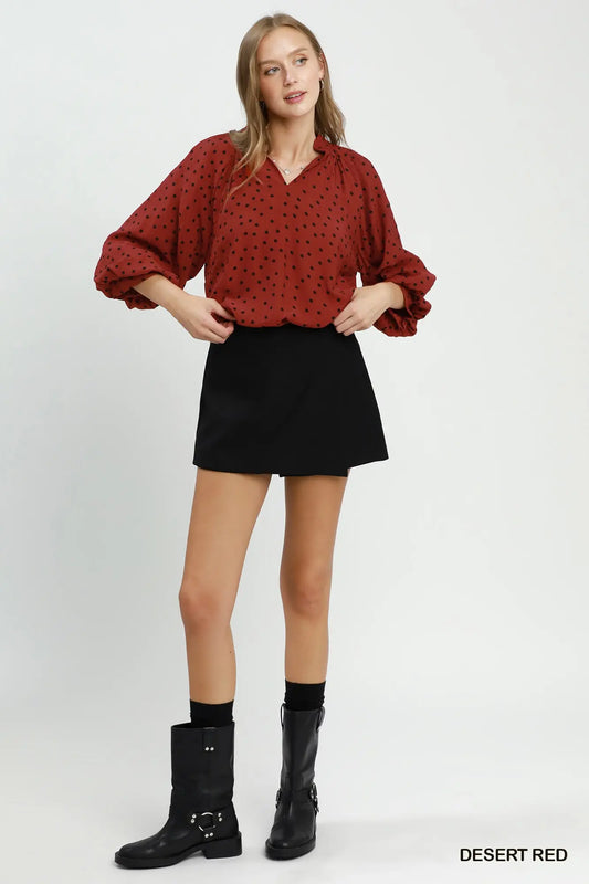 Polka Dot Textured Puff Sleeve Blouse