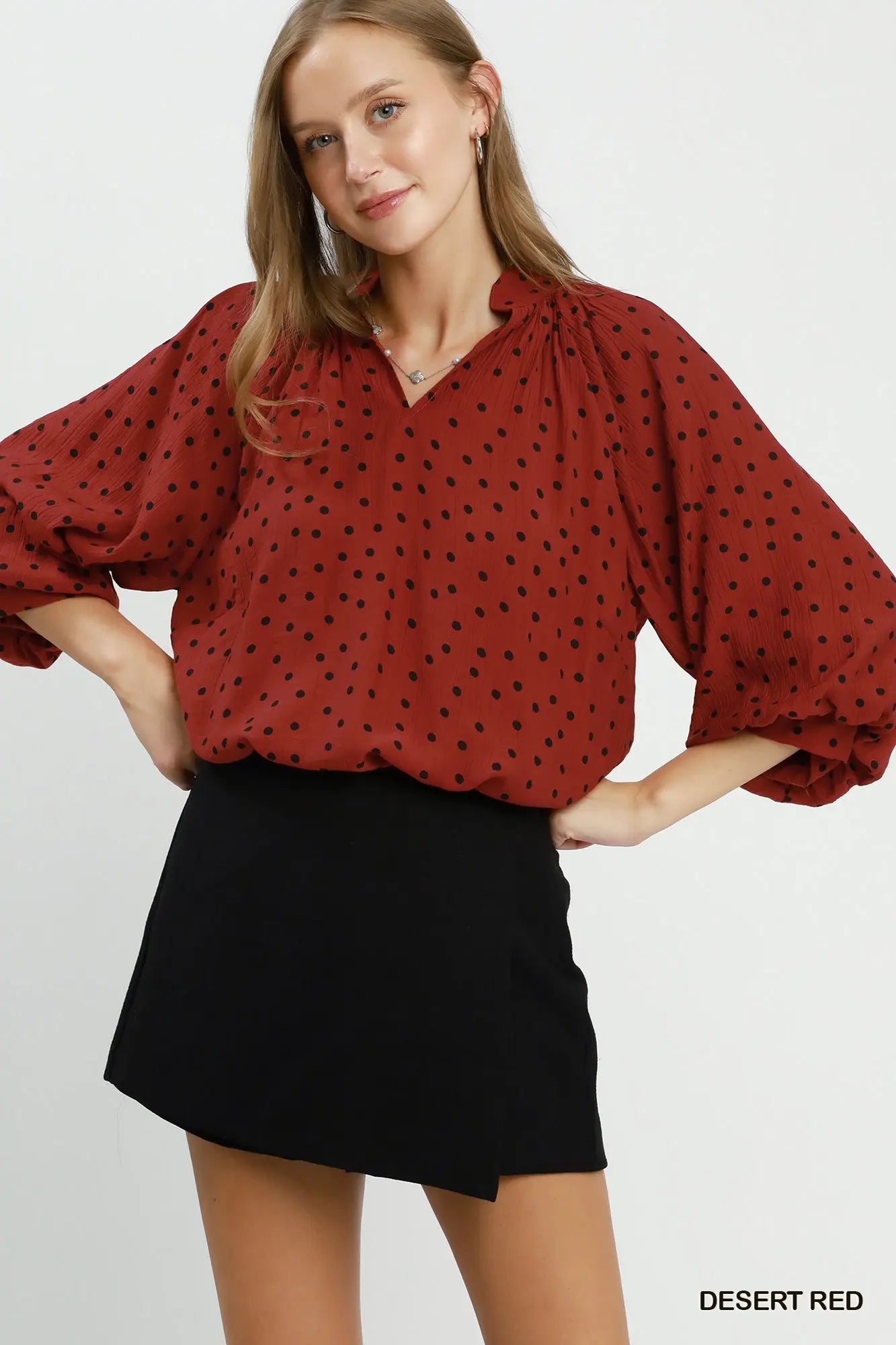 Polka Dot Textured Puff Sleeve Blouse