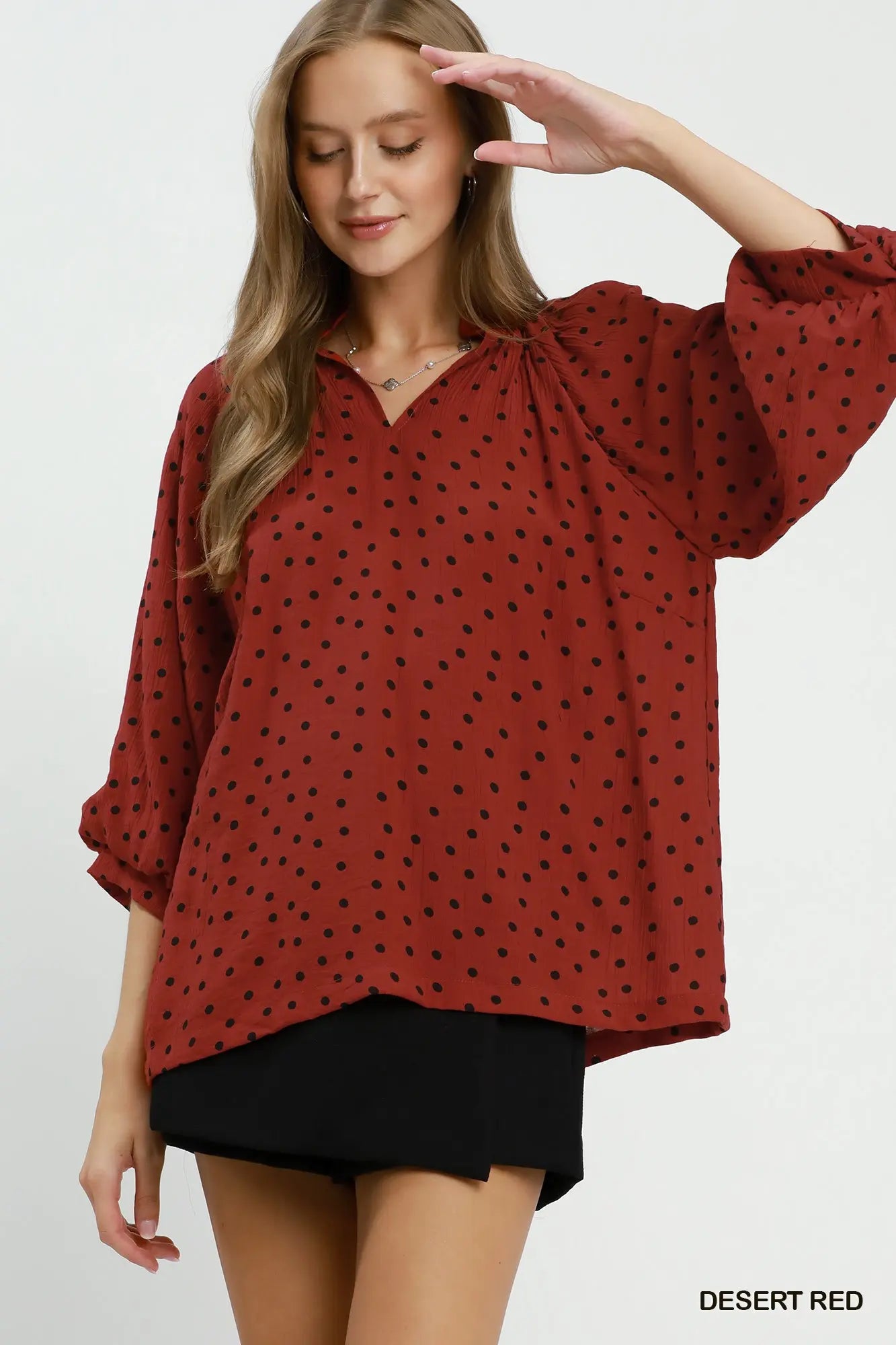 Polka Dot Textured Puff Sleeve Blouse