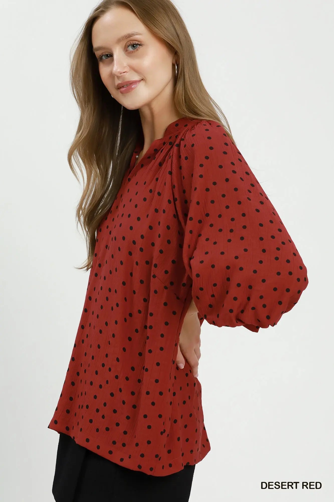 Polka Dot Textured Puff Sleeve Blouse
