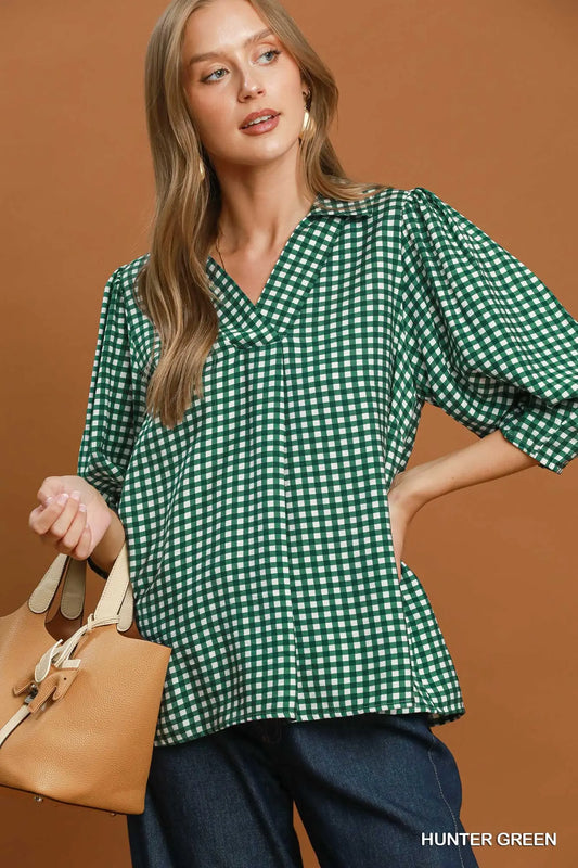 Gingham Check Collared Puff Sleeve Blouse (Hunter Green or Red Brown)
