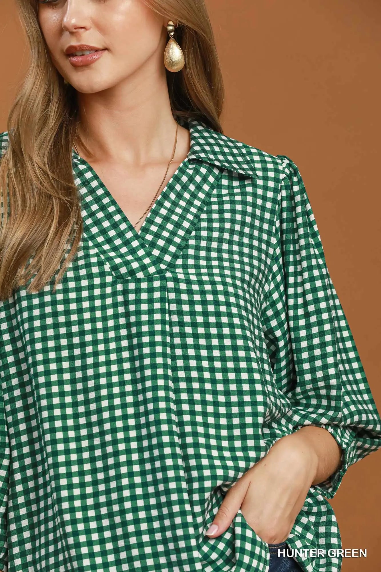 Gingham Check Collared Puff Sleeve Blouse (Hunter Green or Red Brown)