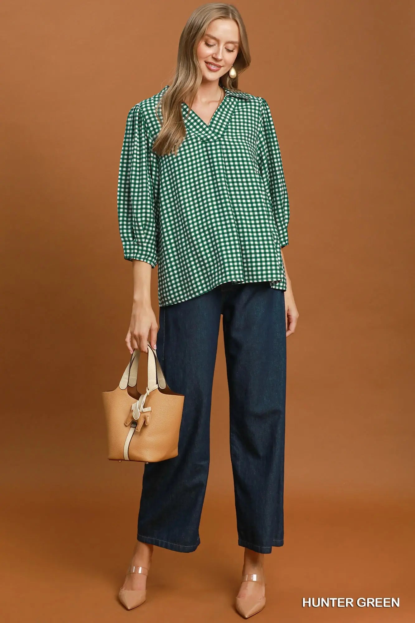 Gingham Check Collared Puff Sleeve Blouse (Hunter Green or Red Brown)