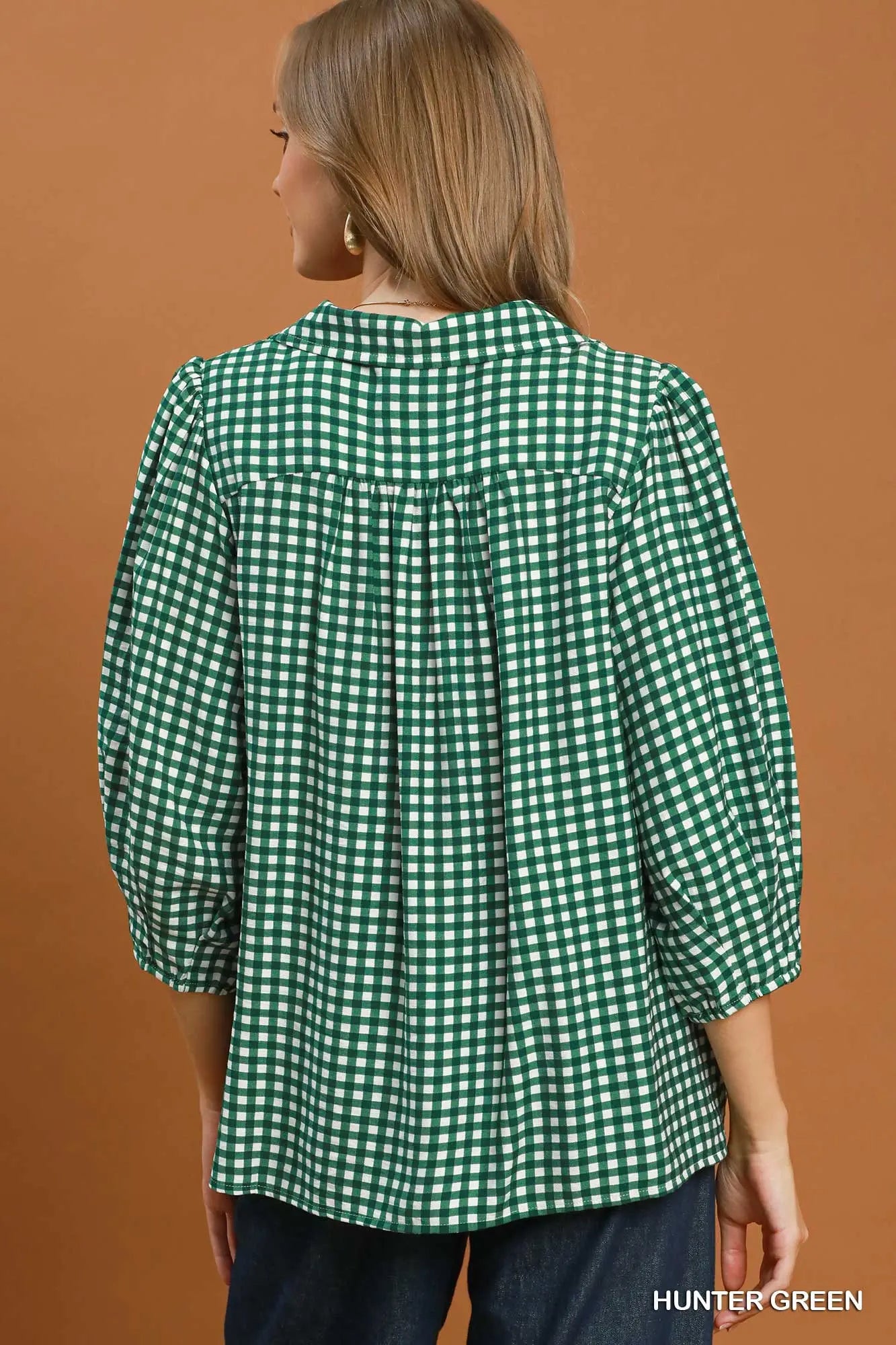 Gingham Check Collared Puff Sleeve Blouse (Hunter Green or Red Brown)