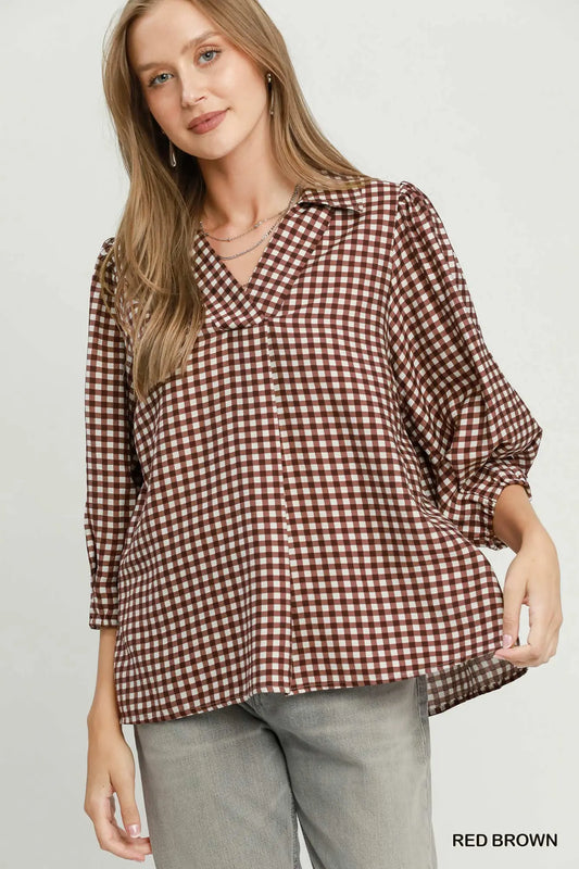 Gingham Check Collared Puff Sleeve Blouse (Hunter Green or Red Brown)