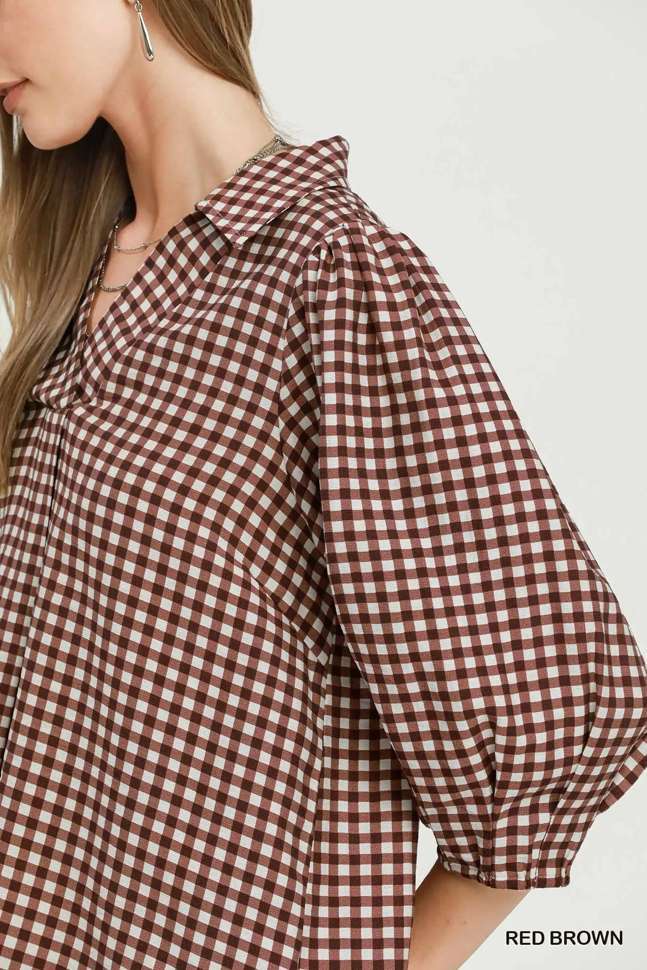 Gingham Check Collared Puff Sleeve Blouse (Hunter Green or Red Brown)