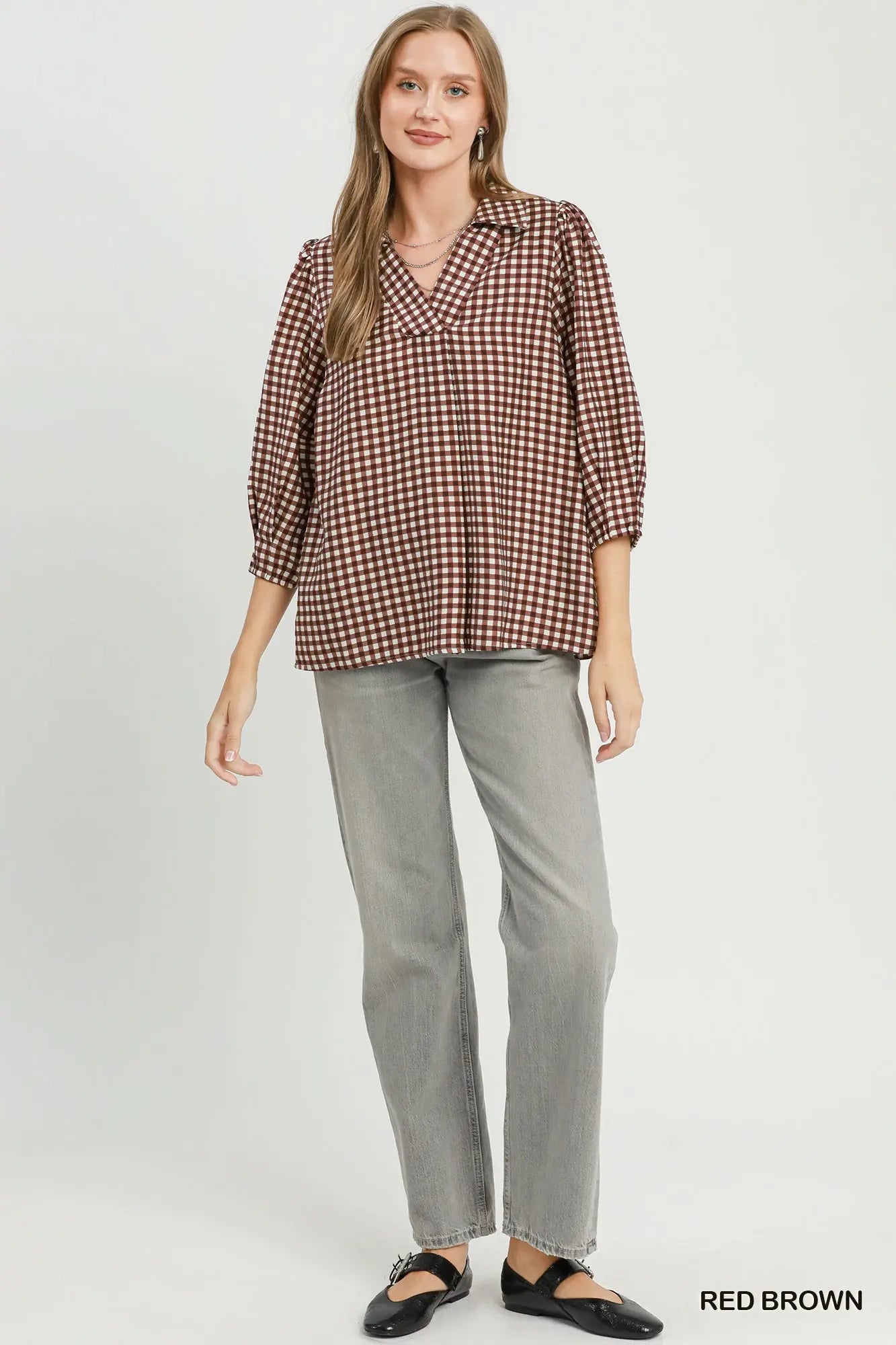 Gingham Check Collared Puff Sleeve Blouse (Hunter Green or Red Brown)