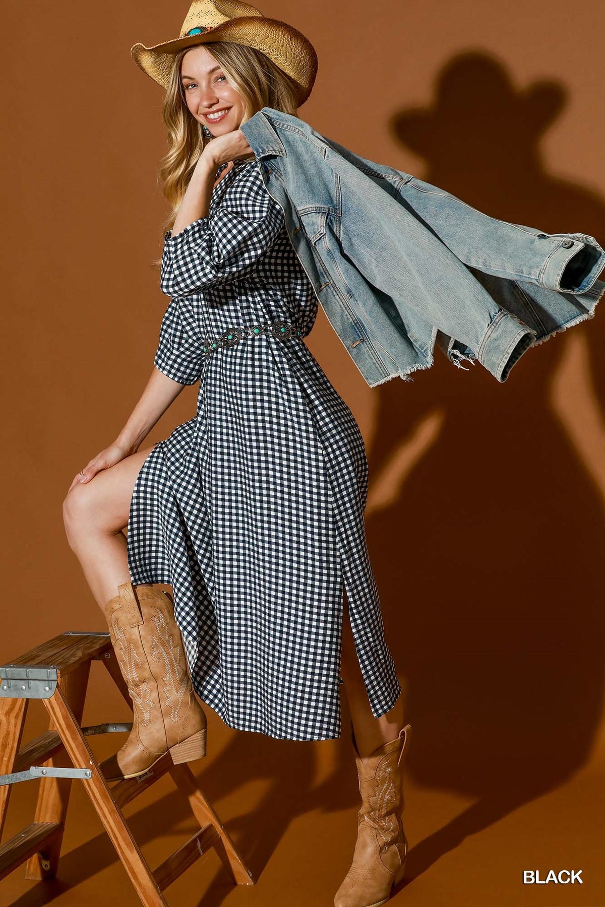 Gingham Check Collared Midi Dress