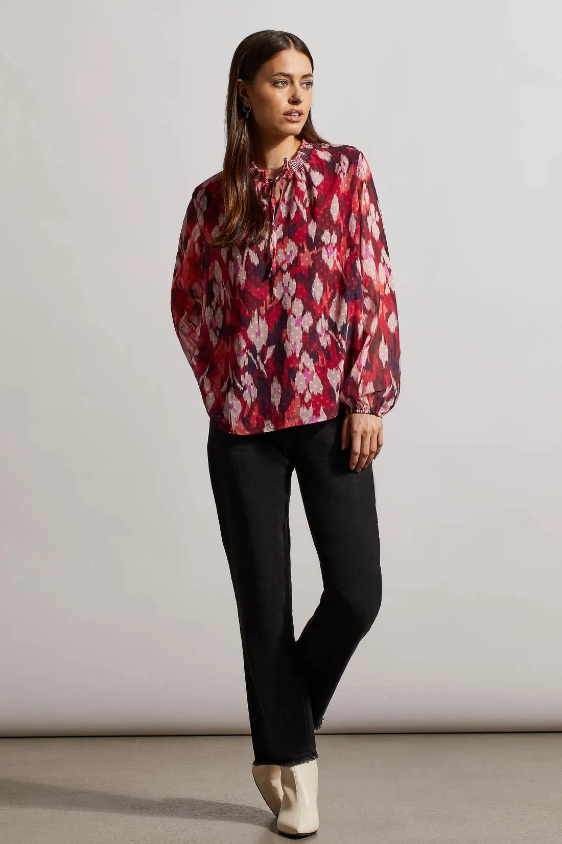 TRIBAL FLOWY SWISS DOT CHIFFON BLOUSE