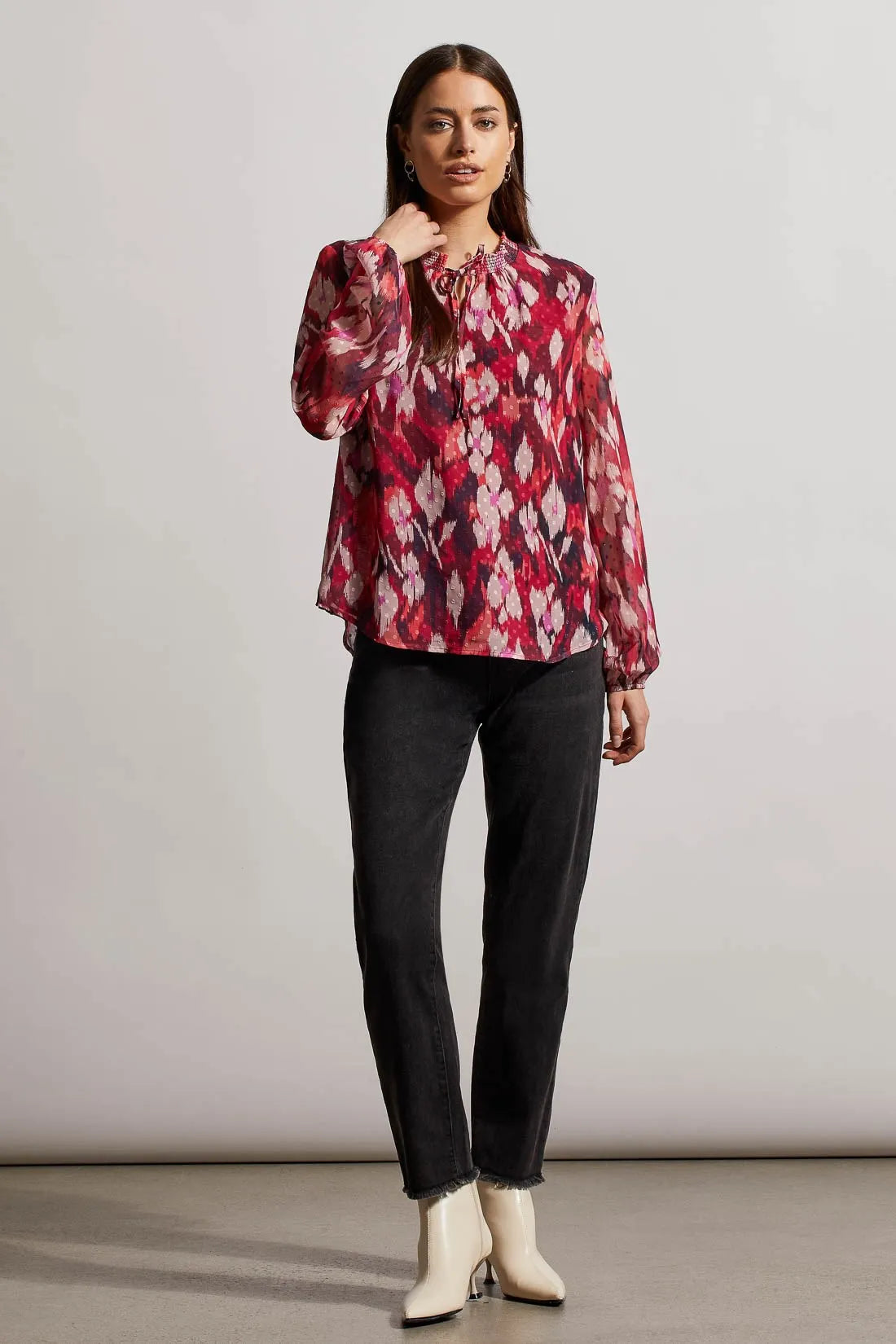 TRIBAL FLOWY SWISS DOT CHIFFON BLOUSE