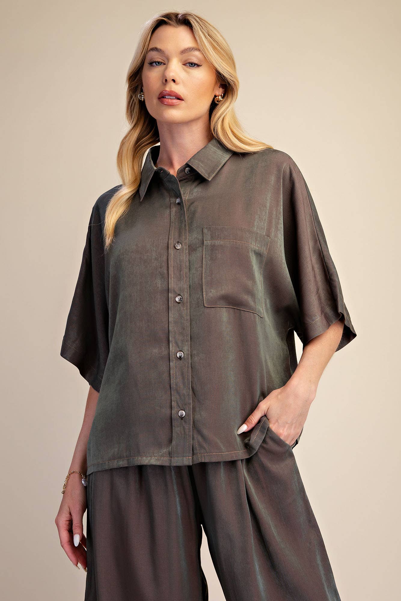 Button Down Flowy Shirt With Dolman Sleeve & Drawstring Wide Leg Pants Set