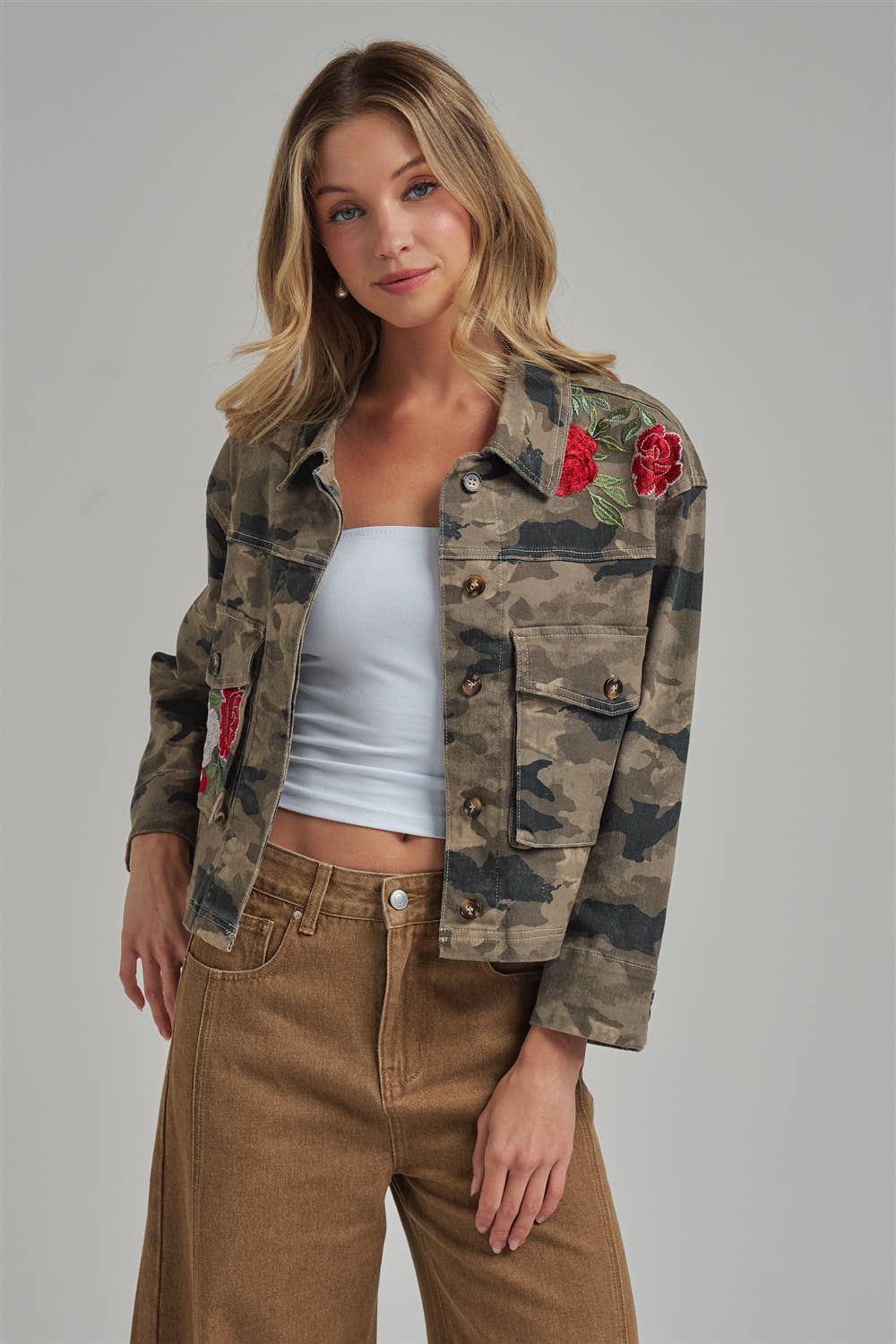 CAMOUFLAGE JACKET WITH FLORAL EMBROIDERY