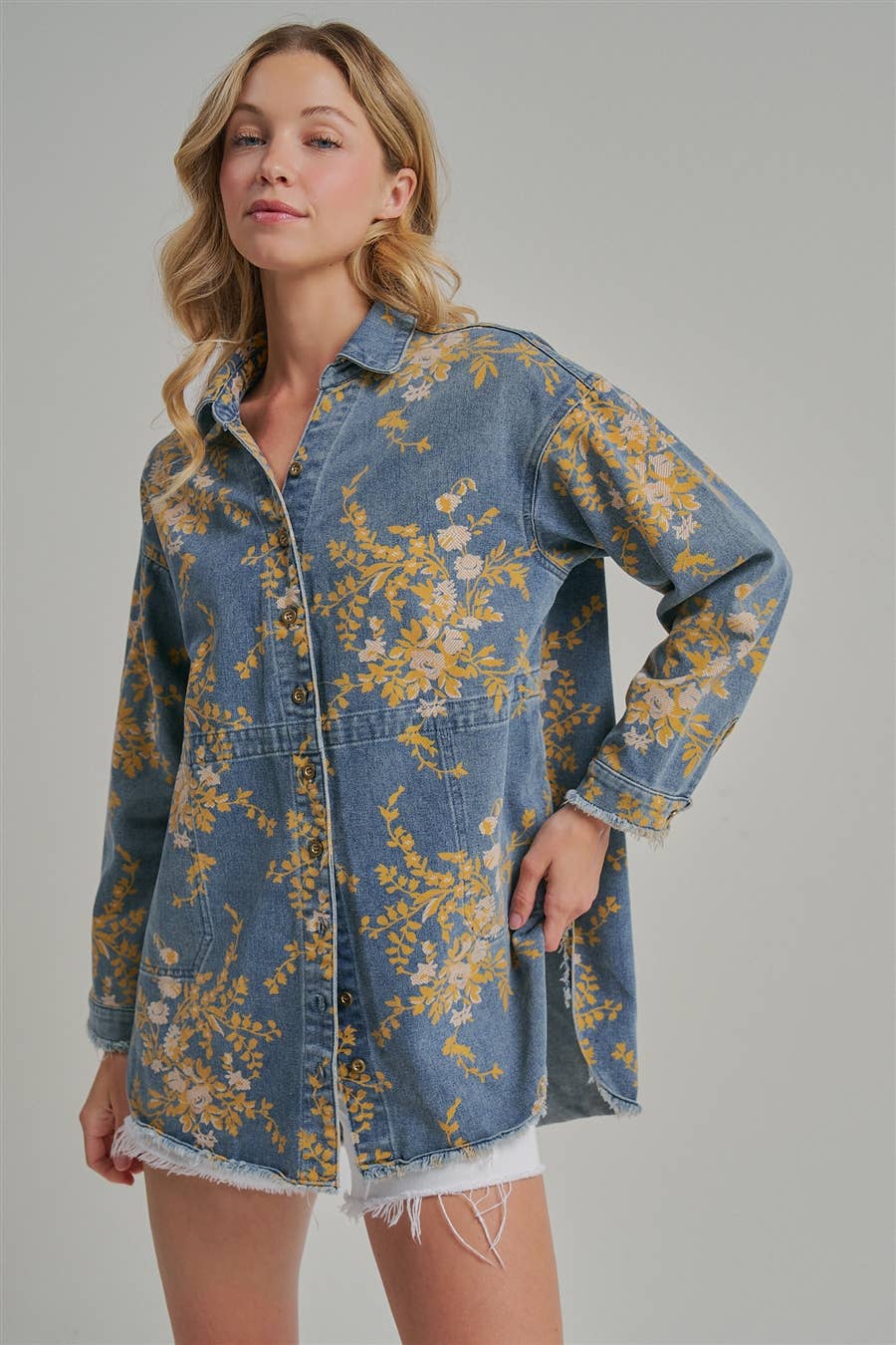 FLORAL DENIM RELAXED SHIRT TOP WITH POCKETS