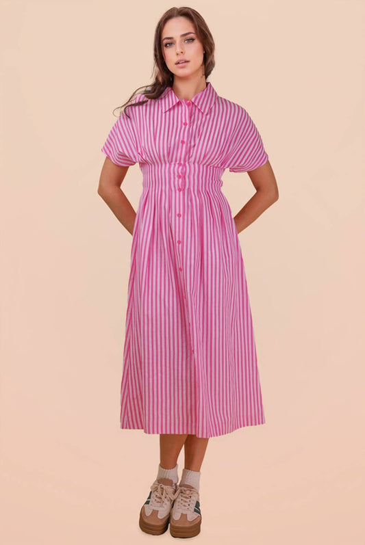 Candy Stripe Waist Pleated Midi Shirt Dress