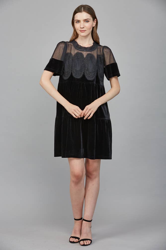 CONTRAST SHEER MESH Black INTRICATE LACE DETAIL VELVET