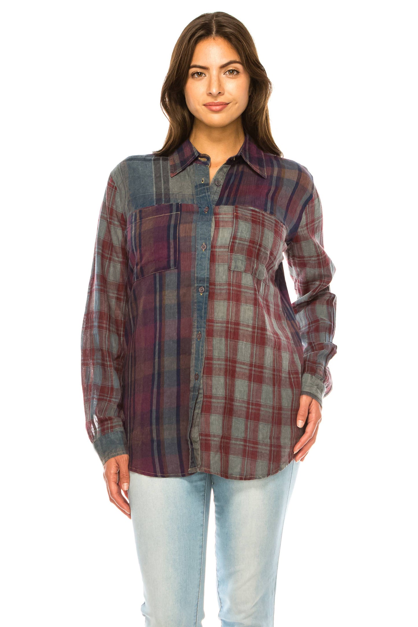 Zoee Mixed Plaid Print Button Down Shirt