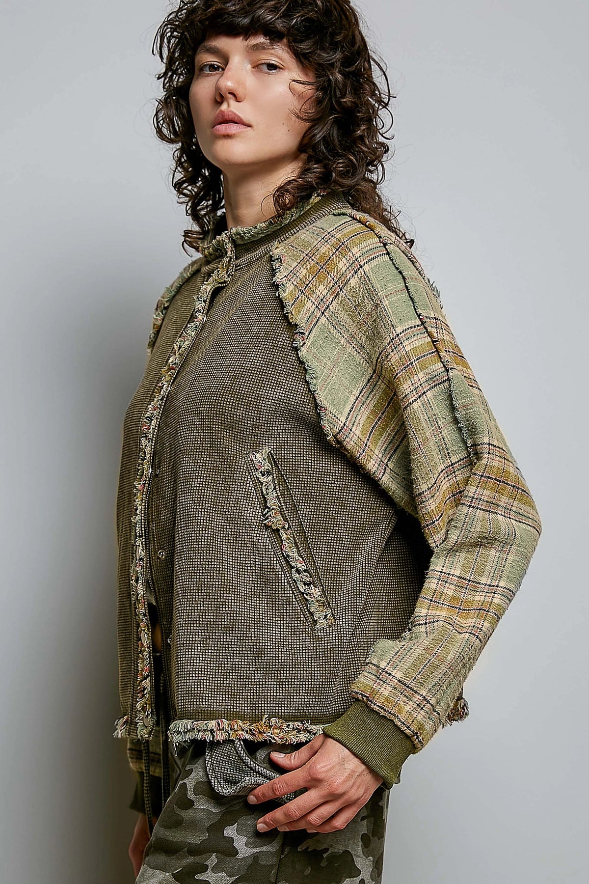 Plaid Patch Vintage Washing Rib Band Wrist Jacket