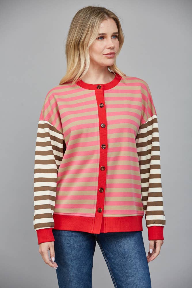 STRIPE COLOR DETAIL FRONT BUTTON CLOSURE CARDIGAN