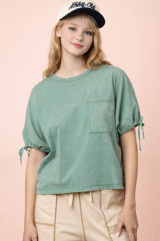 Mineral Washed Sleeve Tie Detail Knit Top