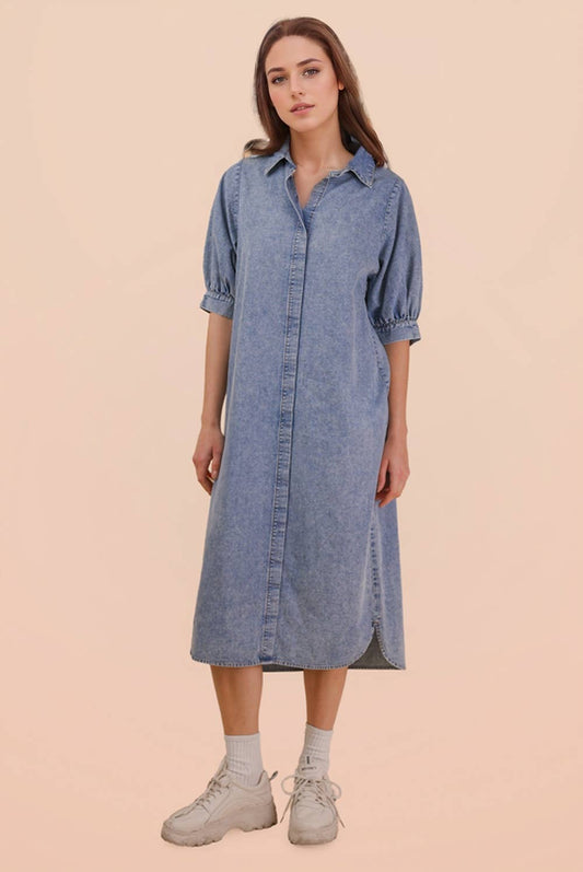 Washed Denim Casual Shirt Midi Dress