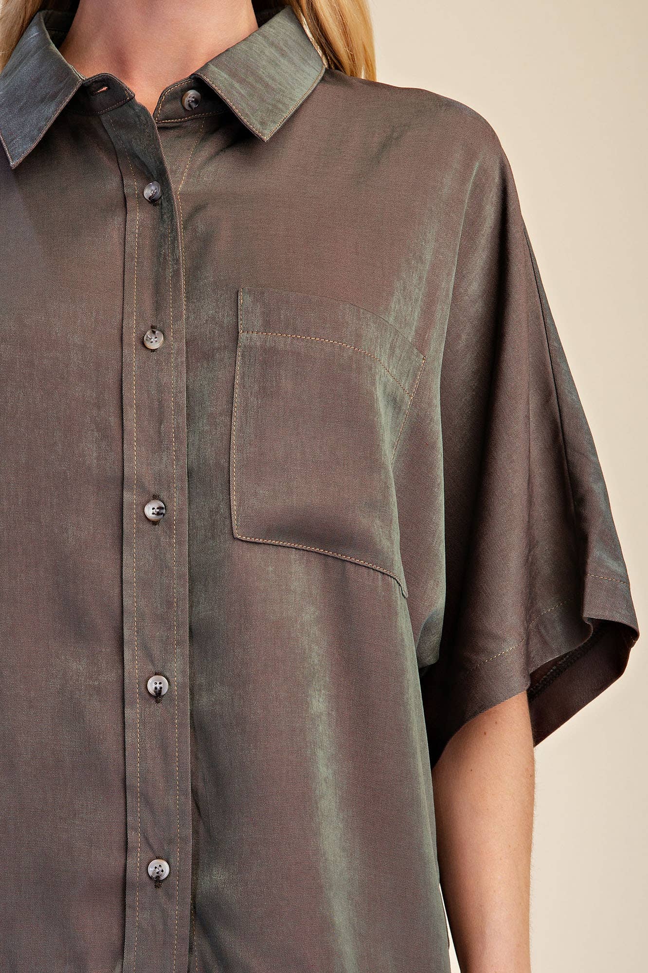 Button Down Flowy Shirt With Dolman Sleeve & Drawstring Wide Leg Pants Set