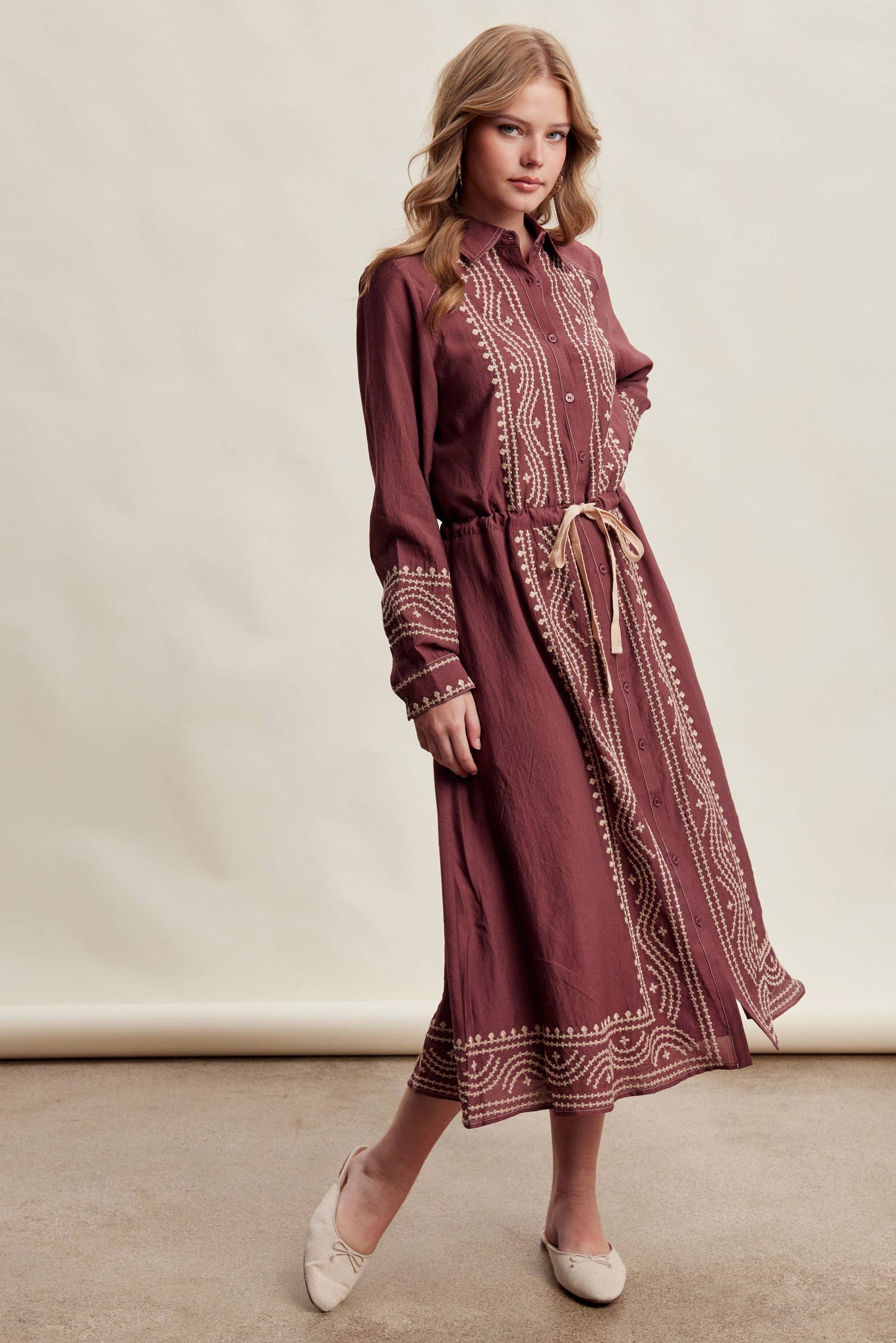 Embroidered Button Front Midi