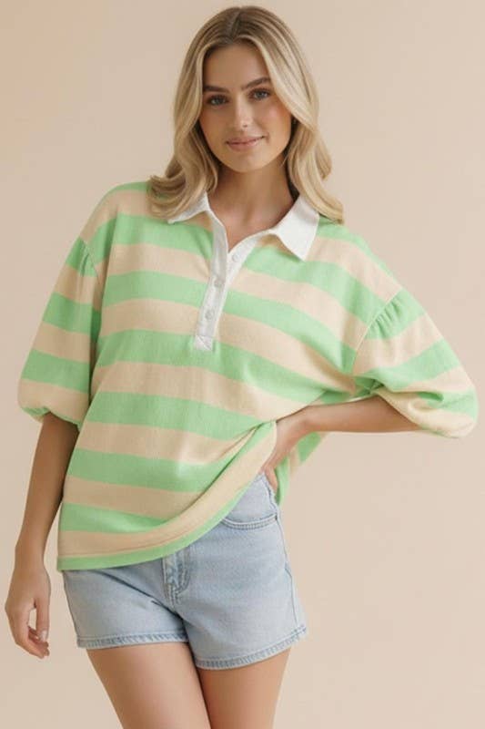 Stripe Button Down Bubble Sleeve Knit Top