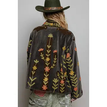 Vine Embroidery Floral Open-Front Closure Velvet Jacket