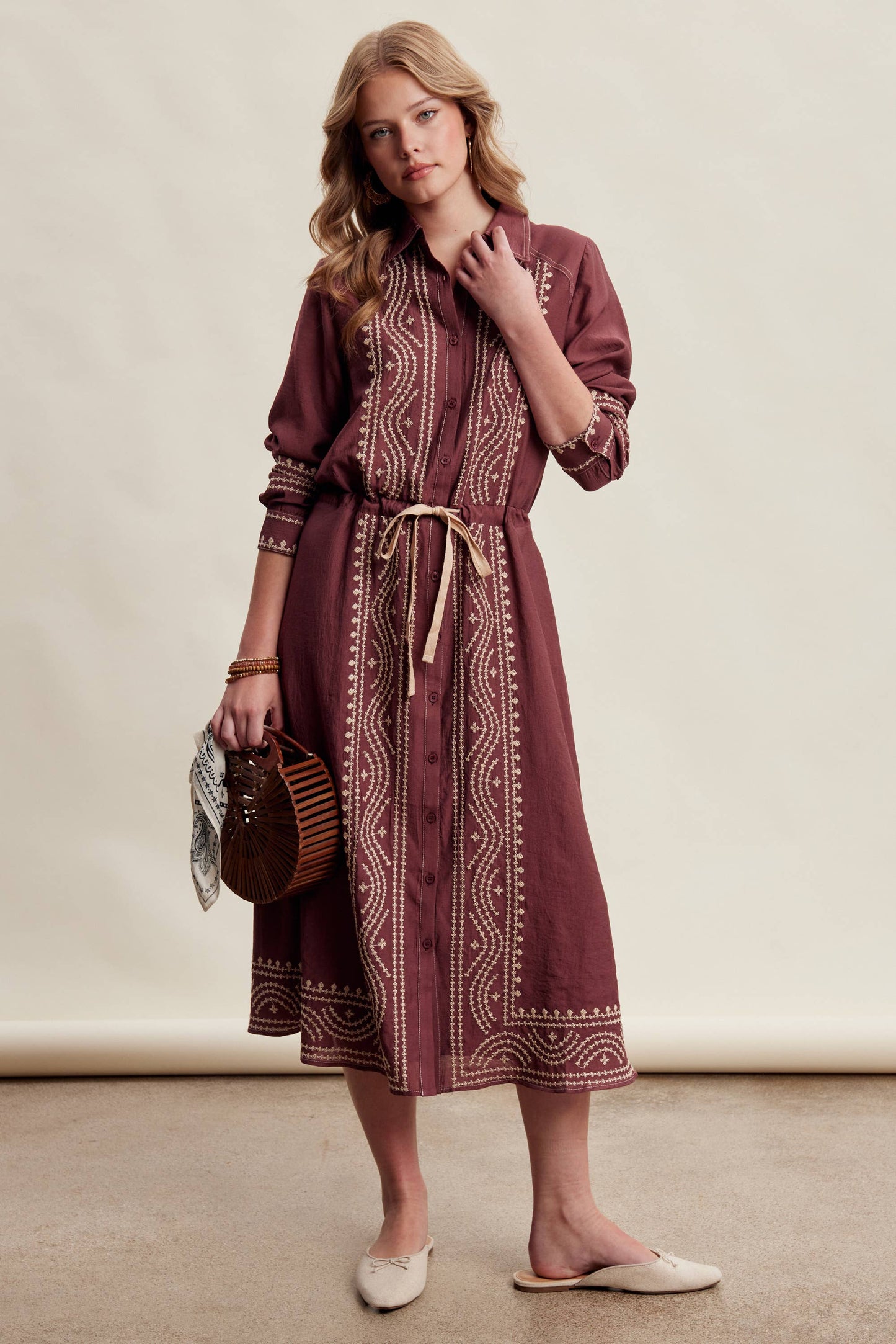 Embroidered Button Front Midi