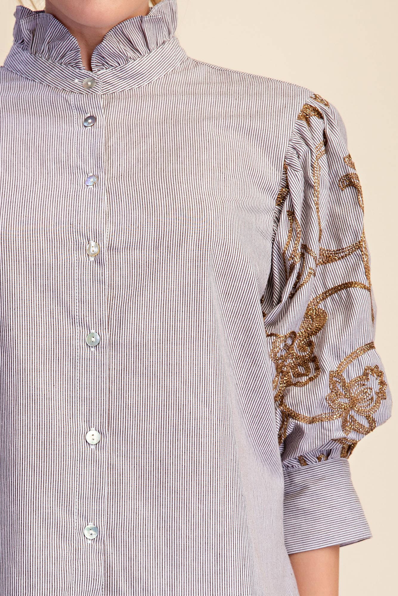 Ruffle Neck Embroidery Puff Sleeve Blouse